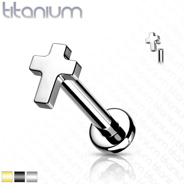 Intern geschroefde labret piercing van titanium met plat kruisje
