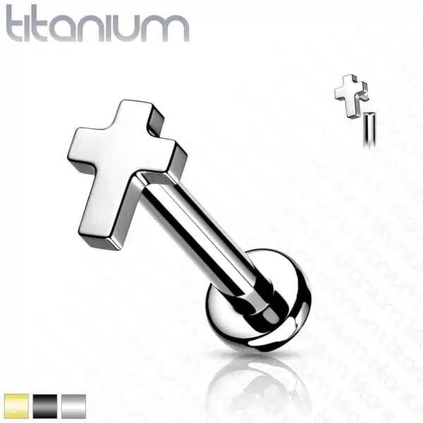 Intern geschroefde labret piercing van titanium met plat kruisje