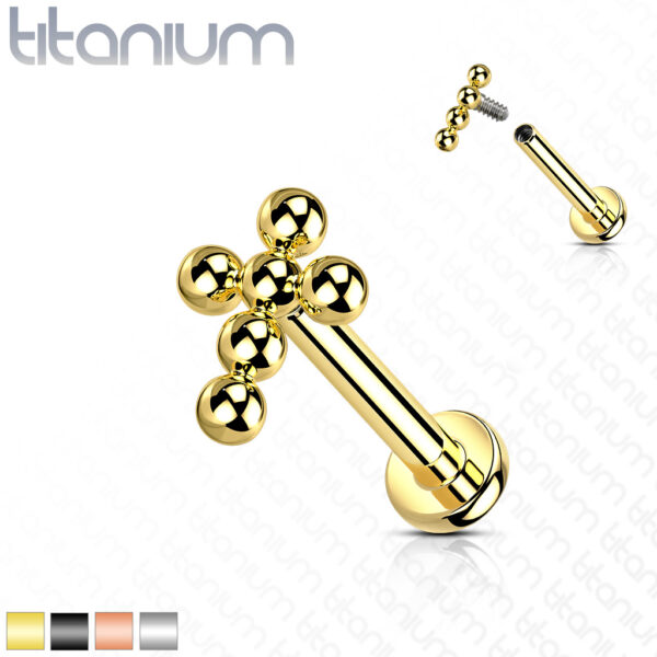 Titanium intern geschroefde labret piercing met balletjes in kruis
