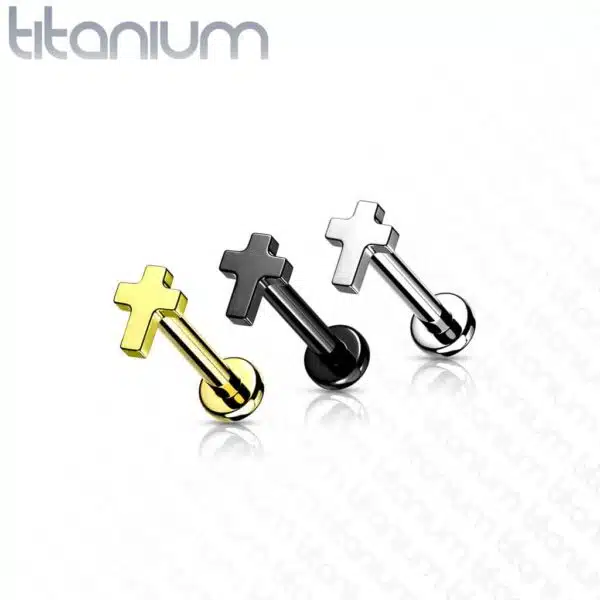 Intern geschroefde labret piercing van titanium met plat kruisje - Afbeelding 3