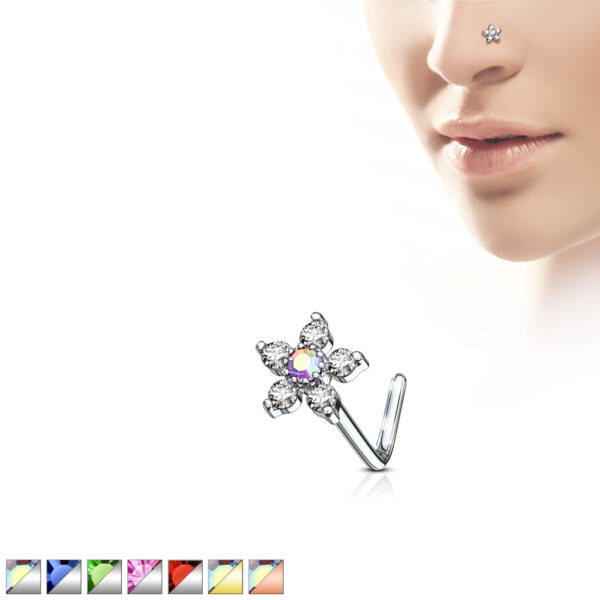 Neus stud met bloem top met gekleurde steentjes