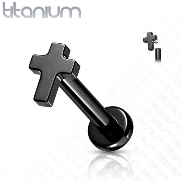 Intern geschroefde labret piercing van titanium met plat kruisje - Afbeelding 7