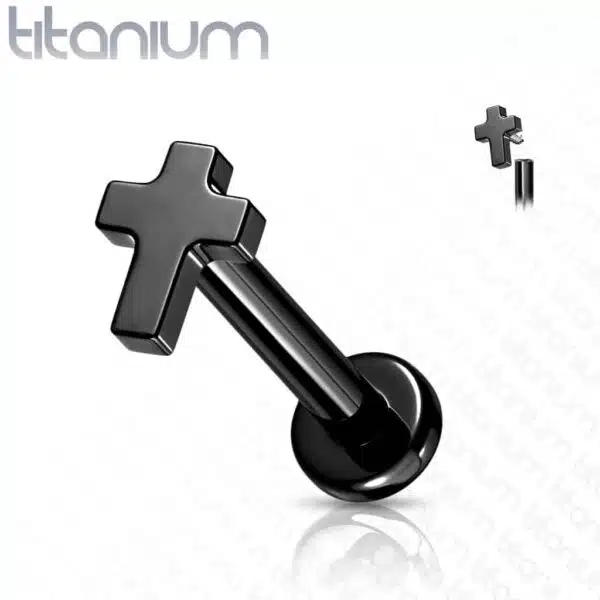 Intern geschroefde labret piercing van titanium met plat kruisje - Afbeelding 7
