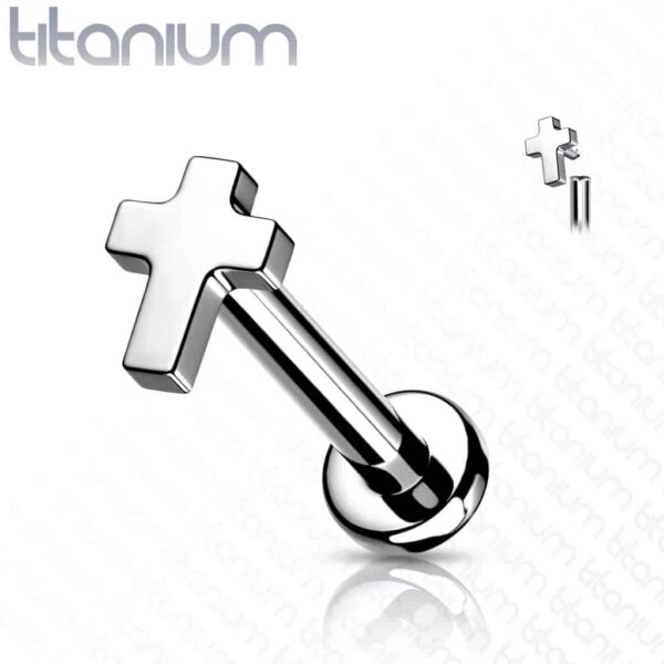 Intern geschroefde labret piercing van titanium met plat kruisje - Afbeelding 8