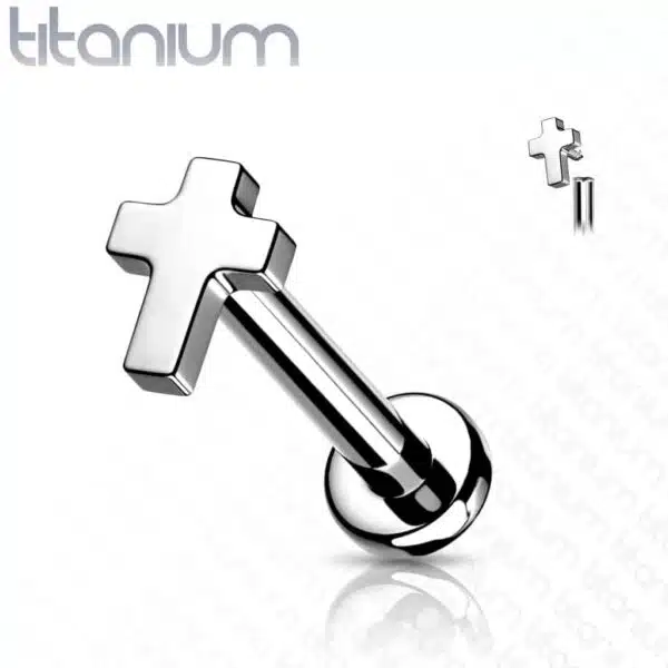 Intern geschroefde labret piercing van titanium met plat kruisje - Afbeelding 8
