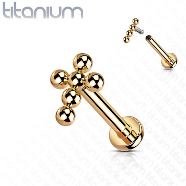 Titanium intern geschroefde labret piercing met balletjes in kruis - Afbeelding 7