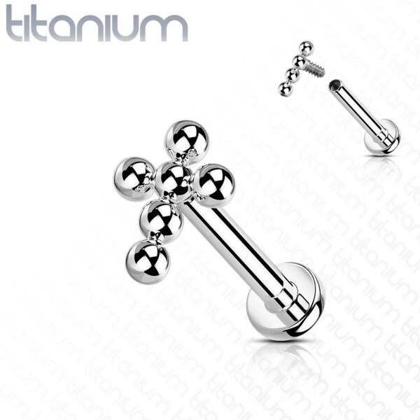 Titanium intern geschroefde labret piercing met balletjes in kruis - Afbeelding 8