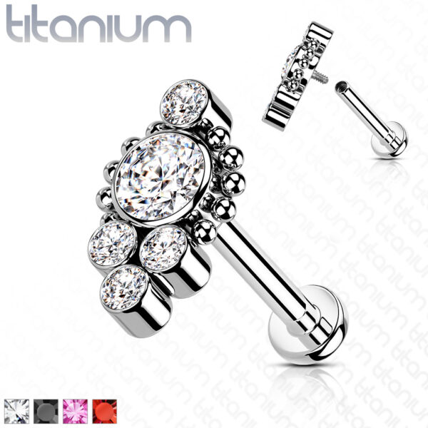 Titanium intern geschroefde labret piercing met balletjes en CZ cluster steentjes