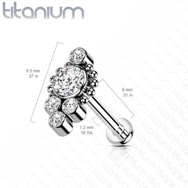 Titanium intern geschroefde labret piercing met balletjes en CZ cluster steentjes - Afbeelding 2