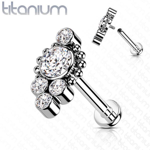 Titanium intern geschroefde labret piercing met balletjes en CZ cluster steentjes - Afbeelding 5