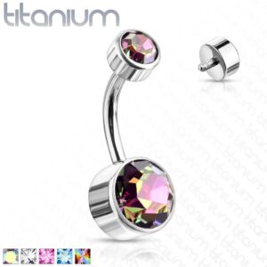 Titanium navelpiercing met dubbel rond Swarovski kristal in verschillende kleuren