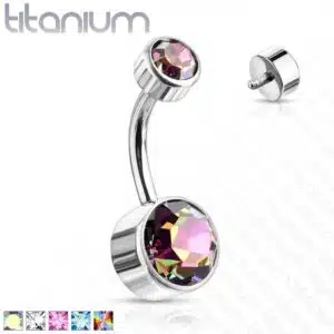 Titanium navelpiercing met dubbel rond Swarovski kristal in verschillende kleuren