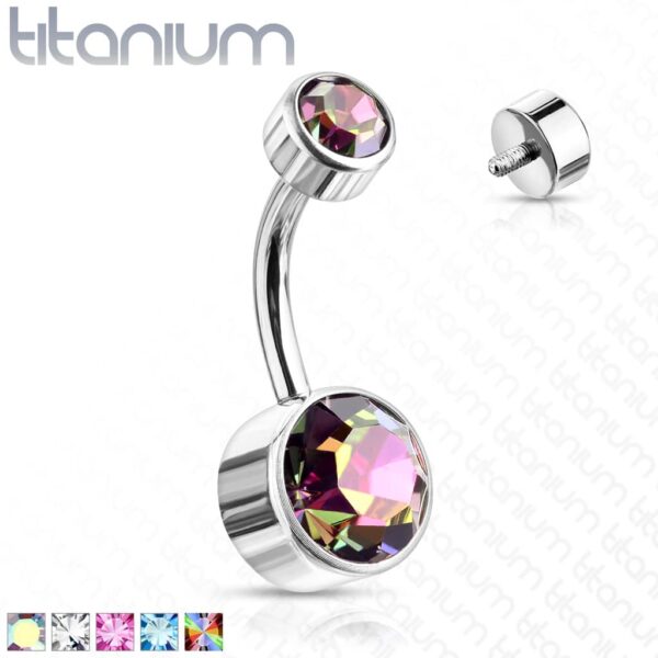Titanium navelpiercing met dubbel rond Swarovski kristal in verschillende kleuren