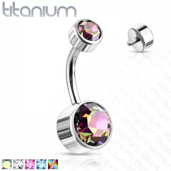 Titanium navelpiercing met dubbel rond Swarovski kristal in verschillende kleuren