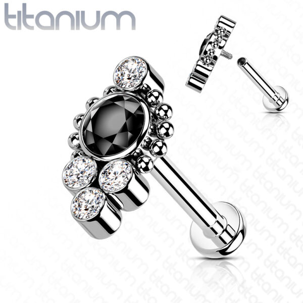 Titanium intern geschroefde labret piercing met balletjes en CZ cluster steentjes - Afbeelding 6