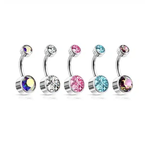 Titanium navelpiercing met dubbel rond Swarovski kristal in verschillende kleuren - Afbeelding 2