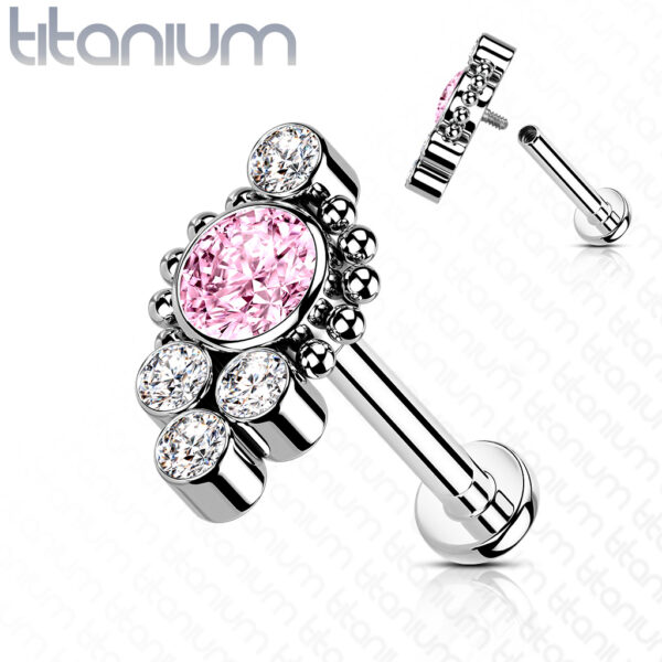 Titanium intern geschroefde labret piercing met balletjes en CZ cluster steentjes - Afbeelding 7
