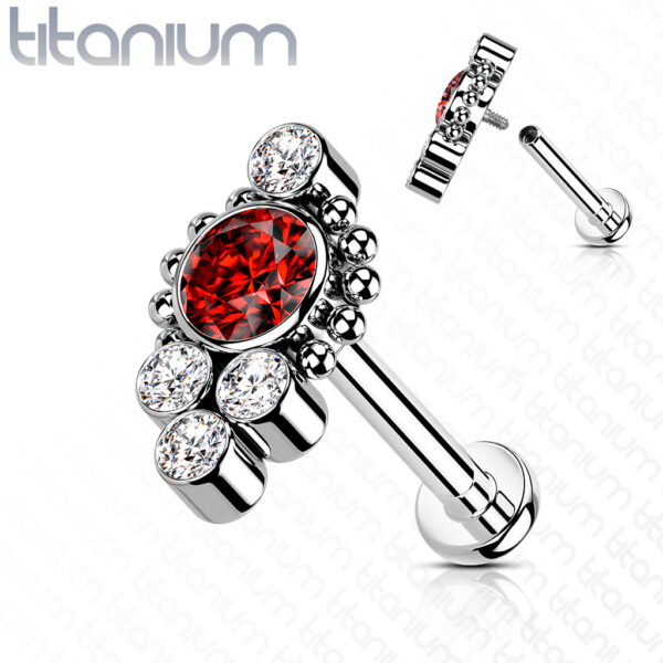 Titanium intern geschroefde labret piercing met balletjes en CZ cluster steentjes - Afbeelding 8