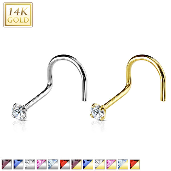 14Kt. Goud neus screw met kristal in verschillende kleuren