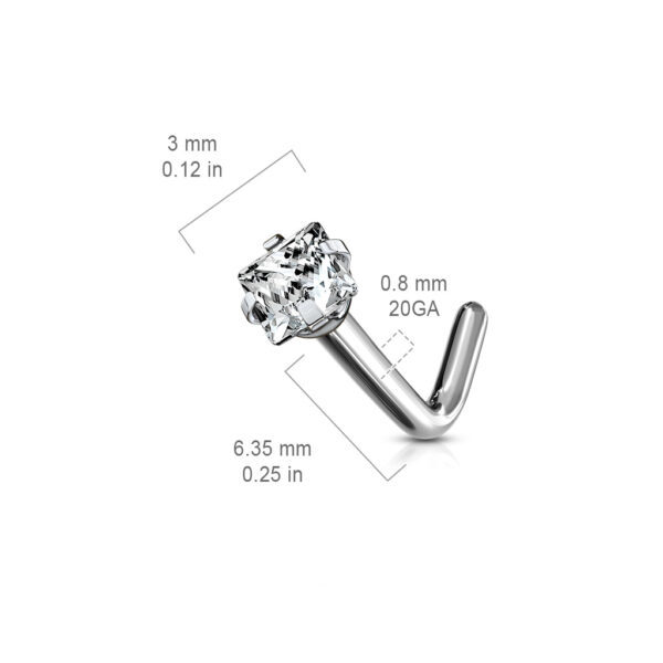 Titanium neus stud piercing met helder vierkant prong-set - Afbeelding 2