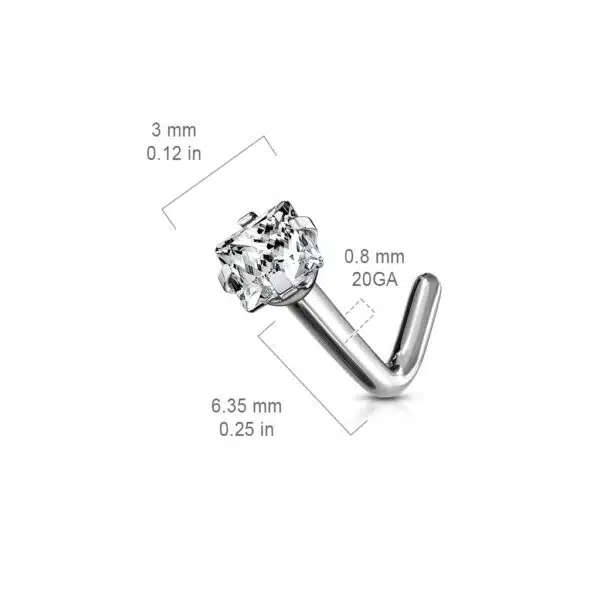 Titanium neus stud piercing met helder vierkant prong-set - Afbeelding 2