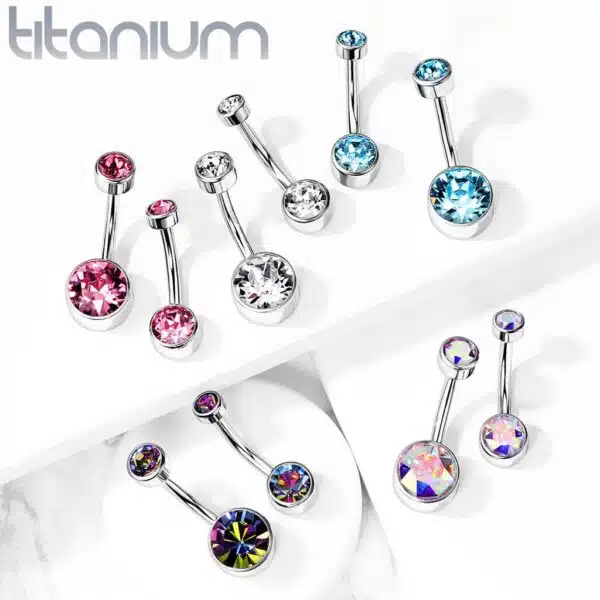 Titanium navelpiercing met dubbel rond Swarovski kristal in verschillende kleuren - Afbeelding 4