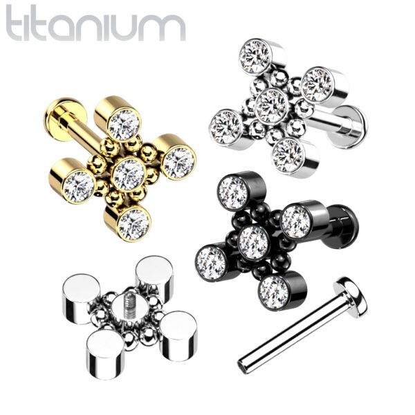 Titanium intern geschroefde labret piercing met balletjes en 5 CZ steentjes
