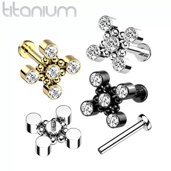 Titanium intern geschroefde labret piercing met balletjes en 5 CZ steentjes