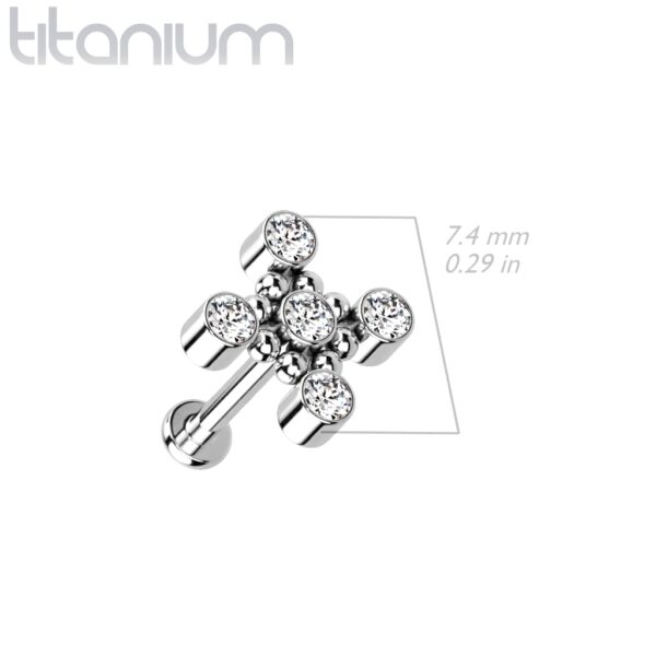Titanium intern geschroefde labret piercing met balletjes en 5 CZ steentjes - Afbeelding 2