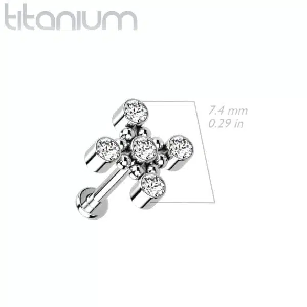 Titanium intern geschroefde labret piercing met balletjes en 5 CZ steentjes - Afbeelding 2