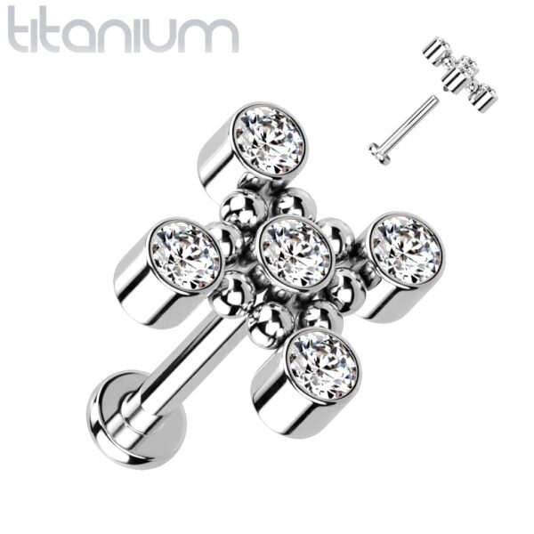 Titanium intern geschroefde labret piercing met balletjes en 5 CZ steentjes - Afbeelding 3