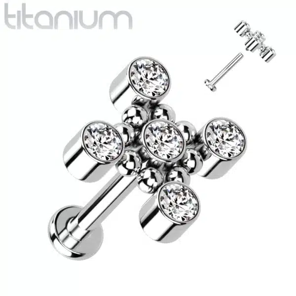 Titanium intern geschroefde labret piercing met balletjes en 5 CZ steentjes - Afbeelding 3