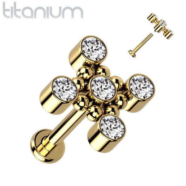 Titanium intern geschroefde labret piercing met balletjes en 5 CZ steentjes - Afbeelding 4