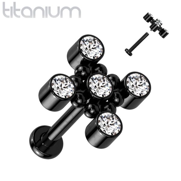Titanium intern geschroefde labret piercing met balletjes en 5 CZ steentjes - Afbeelding 5