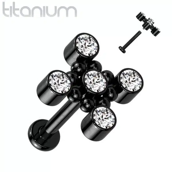 Titanium intern geschroefde labret piercing met balletjes en 5 CZ steentjes - Afbeelding 5
