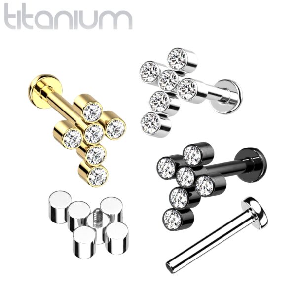 Titanium intern geschroefde labret piercing met CZ steentjes in kruis