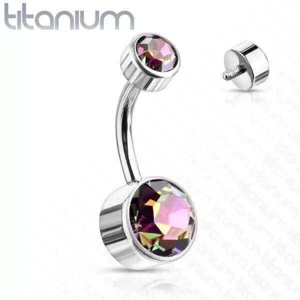 Titanium navelpiercing met dubbel rond Swarovski kristal in verschillende kleuren - Afbeelding 5