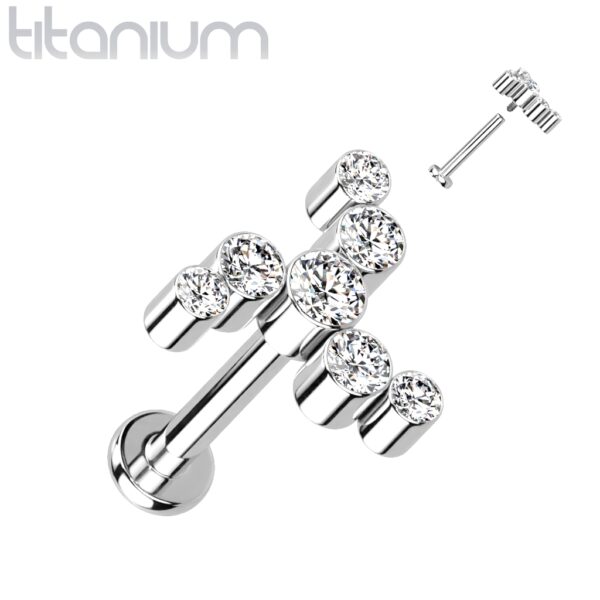 Titanium intern geschroefde labret piercing met CZ steentjes in wervelende krul - Afbeelding 6