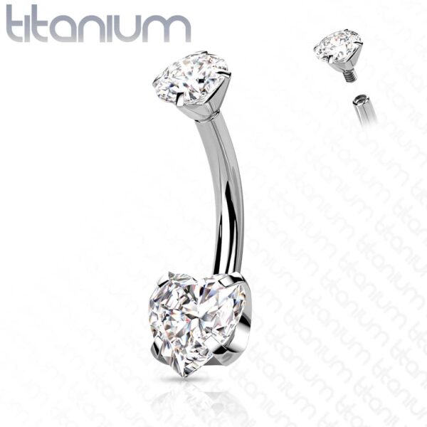 Titanium navelpiercing intern geschroefd met hart prong en ronde CZ steen - Afbeelding 17