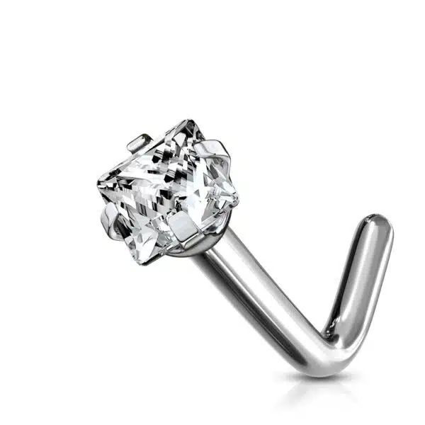 Titanium neus stud piercing met helder vierkant prong-set - Afbeelding 5