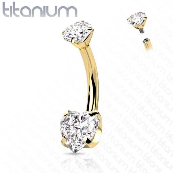 Titanium navelpiercing intern geschroefd met hart prong en ronde CZ steen - Afbeelding 20