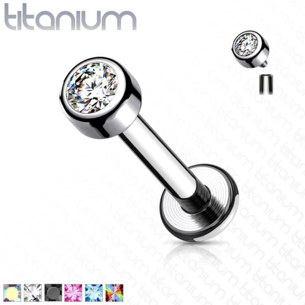 Intern geschroefde labret piercing van titanium met kristal in verschillende kleuren