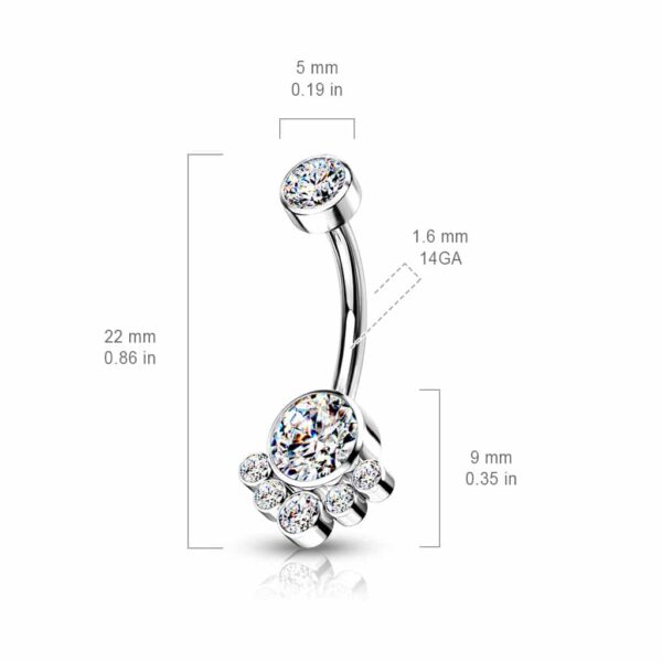 Titanium navelpiercing met tros van CZ stenen intern geschroefd - Afbeelding 2