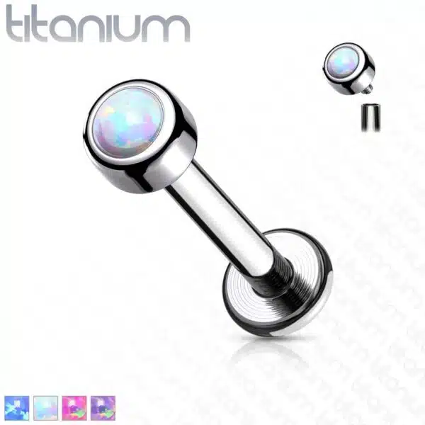 Intern geschroefde labret piercing van titanium met opaal steen in verschillende kleuren