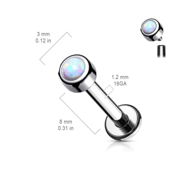 Intern geschroefde labret piercing van titanium met opaal steen in verschillende kleuren - Afbeelding 2
