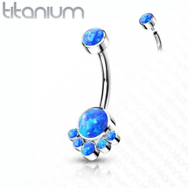 Titanium navelpiercing met tros van opaal stenen intern geschroefd - Afbeelding 6