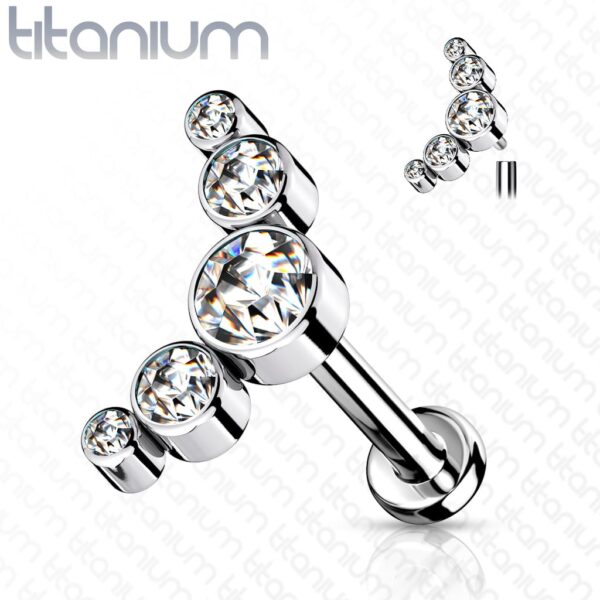 Intern geschroefde labret piercing van titanium met 5 CZ stenen top - Afbeelding 6