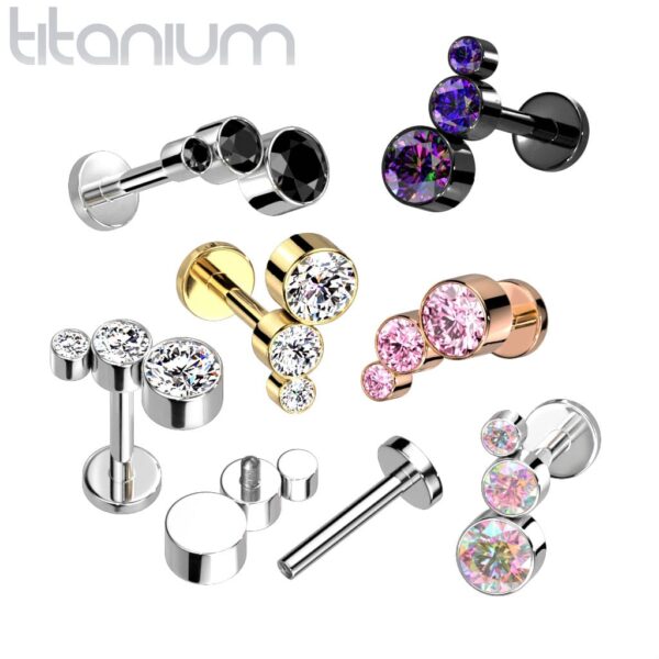 Intern geschroefde labret piercing met 3 ronde heldere CZ stenen