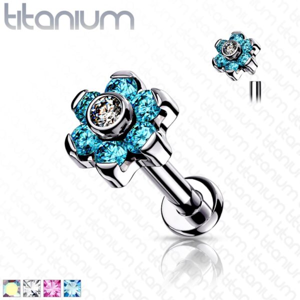 Intern geschroefde labret piercing van titanium met bloemetje met CZ stenen