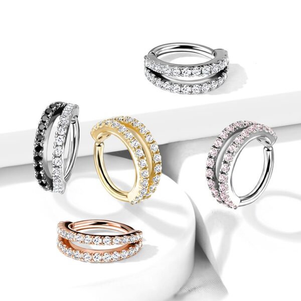 Dubbele piercing ring met ingelegde CZ steentjes - Afbeelding 5